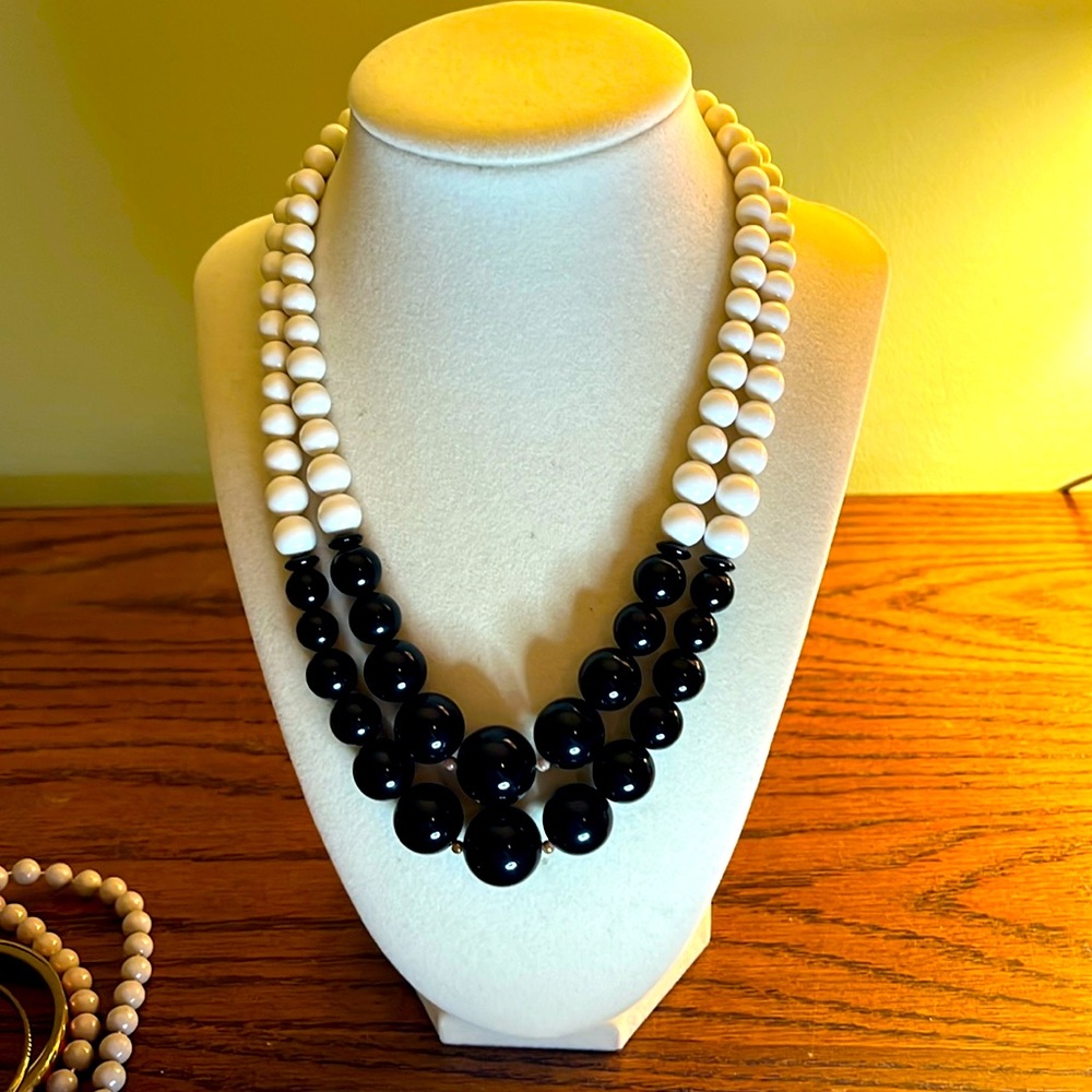 Vintage Black and White Beaded Double Strand Necklace